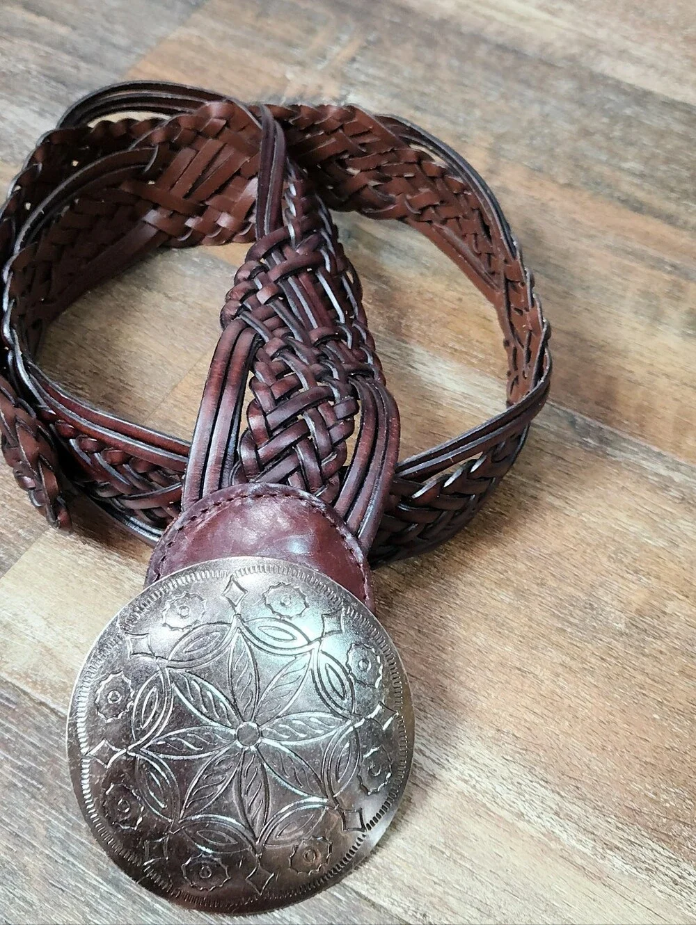 Boho Vibe: NY&Co Boho Braided Brown Leather Belt Large Silver Concho Buckle - Picture 7 of 9